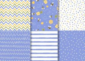 Set of simple lilac seamless patterns. Cute hand drawn lines bee floral design Violet background collection Vector illustration Irregular zigzag stroke fabric cloth textile. Wallpaper for baby pyjamas