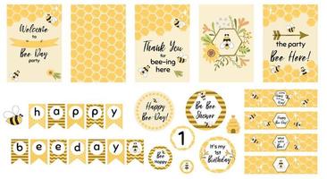 Bee party set. Sweet bee day card templates for baby shower, kids party, birthday, children event. Welcome, thank you. Bee day garland, cupcake toppers. Cute printable bee banner. Vector illustration.
