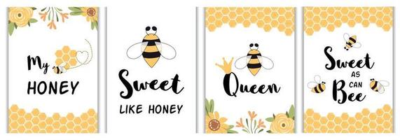 Love quotes poster Funny phrases set. Yellow honey bee cards, prints. Sweet honey love messages for baby. Text My honey Sweet as can bee Be queen Vector illustration isolated. Cartoon collection, kit.