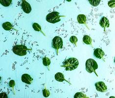 raw spinach leaves are chaotically scattered on a light green surface photo