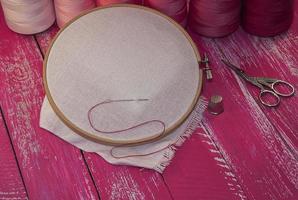 thread and  fabric in the wooden embroidery frame for needlework photo