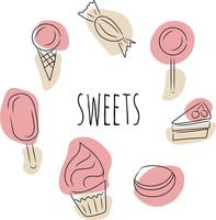 Sweets, vector set. Hand drawn sketch and colored spots.