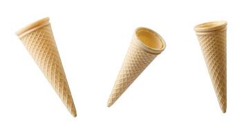 empty cone-shaped waffle cup for dessert, ice cream on white background photo