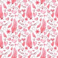 Seamless pattern with hearts, feathers and bows. Vector background for decoration of paper, gifts, cards, fabric and prue