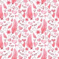 Seamless pattern with hearts, feathers and bows. Vector background for decoration of paper, gifts, cards, fabric and prue