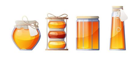 A set of glass jars with natural honey. Useful product. Suitable for stickers, website decor, etc. vector