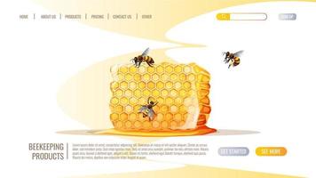 Healthy food, natural product. Honeycomb, honey, bees. Honey shop web page design template. Vector illustration for banner, web page, cover