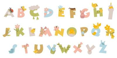 Cute Easter alphabet alphabet. Letters with spring colored details. Eggs, chickens, birds, flowers, candles. Easter. Spring decor on letters. A simple illustration vector