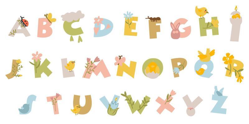 Cute Easter alphabet alphabet. Letters with spring colored details. Eggs, chickens, birds, flowers, candles. Easter. Spring decor on letters. A simple illustration