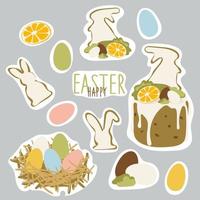 Spring and Easter collection of bread, eggs, inscription, decor and rabbit symbol. Perfect for poster, postcard, scrapbooking, tag, invitation, sticker set. Drawn. Vector illustration