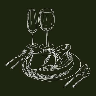 A hand-drawn sketch of a dinner service for a wedding ceremony. Preparation for the wedding ceremony. Plates, champagne glasses, knife, spoon, fork, napkin, wine glass. Serving. On a dark background