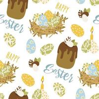 Easter bun pattern with icing and decoration, citrus fruits, eggs, candles, hares and decor. Pastel palette. Easter vector pattern. Colorful Easter eggs and buns. Gift wrapping for Easter