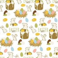 Easter bun pattern with icing and decoration, citrus fruits, eggs, candles, hares and decor. Pastel palette. Easter vector pattern. Colorful Easter eggs and buns. Gift wrapping for Easter