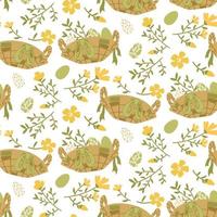 Vector seamless pattern with beautiful flowers and eggs in a basket. Easter background in bed tones. A basket with spring flowers and painted eggs. A simple illustration of a flat. Gift packaging