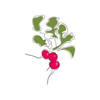 Red radish bundle in continuous line art drawing style. Minimalist black one line sketch with color spots isolated on white background. Fresh food vegan concept design. Hand drawn vector illustration.