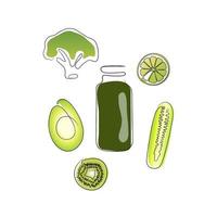 bebida fresca saludable con ingredientes verdes. conjunto de frutas y verduras. diseño de dibujo mínimo de arte continuo de una línea. ilustración vectorial dibujada a mano. vector