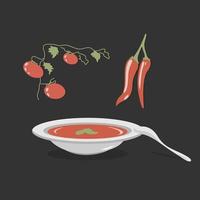 Plate of soup puree with fresh vegetables ingredient. Cream soup with tomatoes, pepper and bazil. Vector illustration