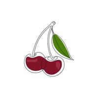 Cherry fruit. One continuous line drawing style. Fresh food vegan concept design. Hand drawn vector illustration.