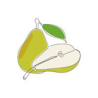 Green pear fruit in continuous line art drawing style. Sliced and whole organic pear. Hand drawn vector illustration.