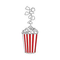 Pop corn in stripped paper box in one continuous line drawing style. Snack for watching movies. Hand drawn vector illustration.