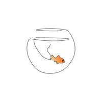 Gold fish in an aquarium. Small fish in glass bowl. One continuous line drawing. Hand drawn vector illustration.