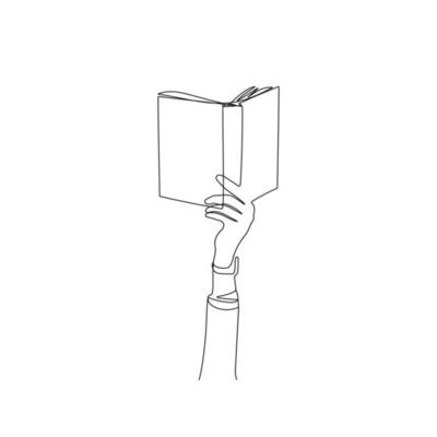 Hand holding open book. Line art. Reading, education concept. Hand