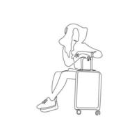 Travel girl with a suitcase. One continuous line drawing. Woman is waiting to go on a trip. Travel concept. Hand drawn vector illustration.