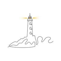 Lighthouse in stormy sea. Beacon in continuous line drawing style. vector