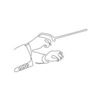 Hands with a conductors baton. Conductor directing classic instrumental symphony orchestra. Classical music leader in continuous one line drawing style. Hand drawn vector illustration.