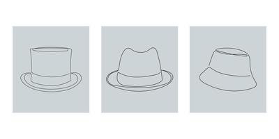 Hats vintage collection for elegant man in one continuous line style. Top hat, panama and bucket hat. Hand drawn vector illustration.