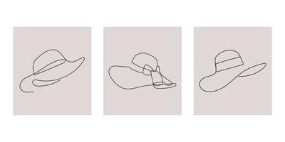 Collection of elegant women Hats in one continuous line drawing style. Minimalist female sun hat, panama with ribbon decoration. Hand drawn vector illustration.