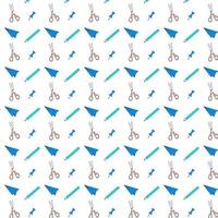 Cute school pattern with stationery stuff. Scissors, pencil, drawing pin, paper plane. vector