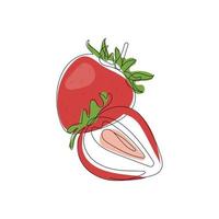 Red strawberry. One continuous line drawing style. Sliced and whole organic fresh berry. Hand drawn vector illustration.