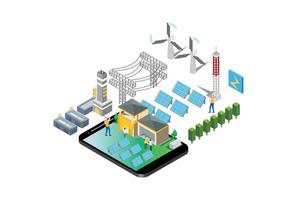 ilustración de tecnología de planta de energía solar eléctrica inteligente isométrica moderna en fondo blanco aislado con personas y activos digitales relacionados vector