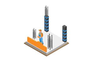 Vector isometric house construction site. House builder working on new cement or concrete foundation of the buildings with wooden form work. Suitable for Diagrams, Infographics And Graphic Asset