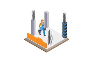 sitio de construcción de casa isométrica vectorial. constructor de casas trabajando en nuevos cimientos de cemento o hormigón de los edificios con encofrado de madera. adecuado para diagramas, infografías y activos gráficos vector