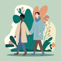 pareja caminando en el parque, tomados de la mano. vector