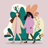 Couple of two womens walking in the park, holding hands. vector