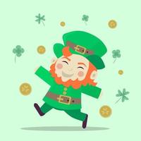 Happy St. Patrick's day leprechaun with luck coins and clovers. St. Patrick's day concept. vector