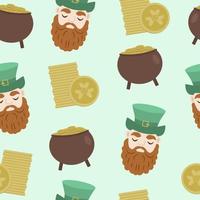 St. Patricks day seamless pattern with leprechaun, lucky coins and pot of coins. vector