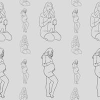 Hand drawing pregnancy and maternity seamless pattern. Pregnant women silhouettes. vector