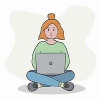 hogar del concepto de trabajo. mujer joven que trabaja en casa, sentada con una computadora portátil. estudiante o autónomo. vector