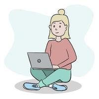 Home from work concept. Young woman working in home, sitting with laptop. Student or freelancer. vector