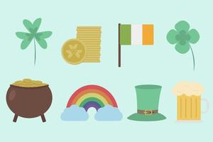 conjunto de elementos del día de san patricio: trébol, estanque de oro, sombrero de duende, arco iris, cerveza y bandera irlandesa. vector