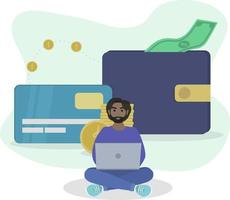 Inflation concept, man checking bank account sitting on a floor. vector