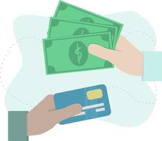 concepto de transferencia de pagos de dinero. manos con dinero y tarjeta de crédito, listas para realizar pagos. vector