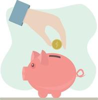 Money saving piggy bank with cash and hand holding gold coin. Inflation concept. vector