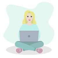 Home office concept, woman working from home sitting on a floor, student or freelancer. vector