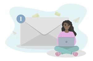 Message notification concept, woman working from home sitting on a floor and checking new messages, student or freelancer. vector