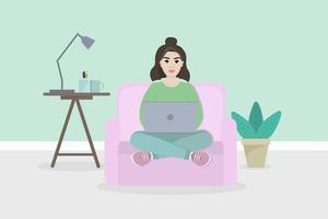 Home office concept, woman working from home sitting on an armchair, student or freelancer. vector